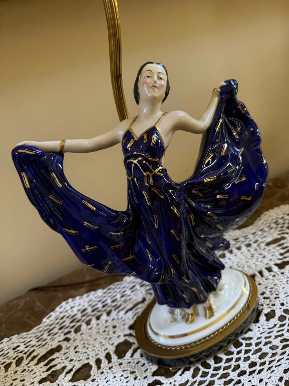 Vintage Art Deco Porcelain Dancing Lady Lamp in Deep Blue and Gold